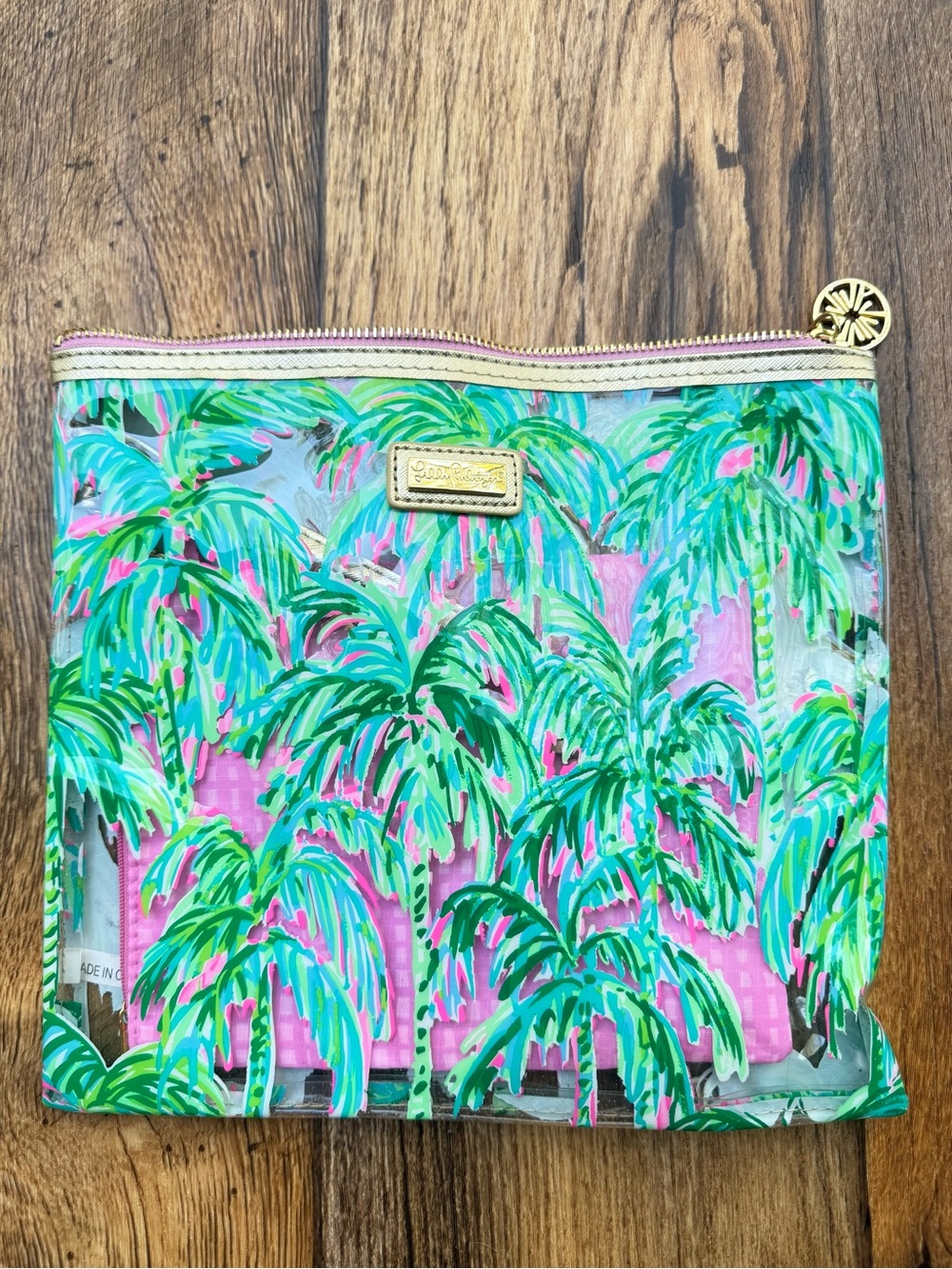 Lilly Pulitzer Pink & Green Palm-Print water resistant vinyl Pouch / bag